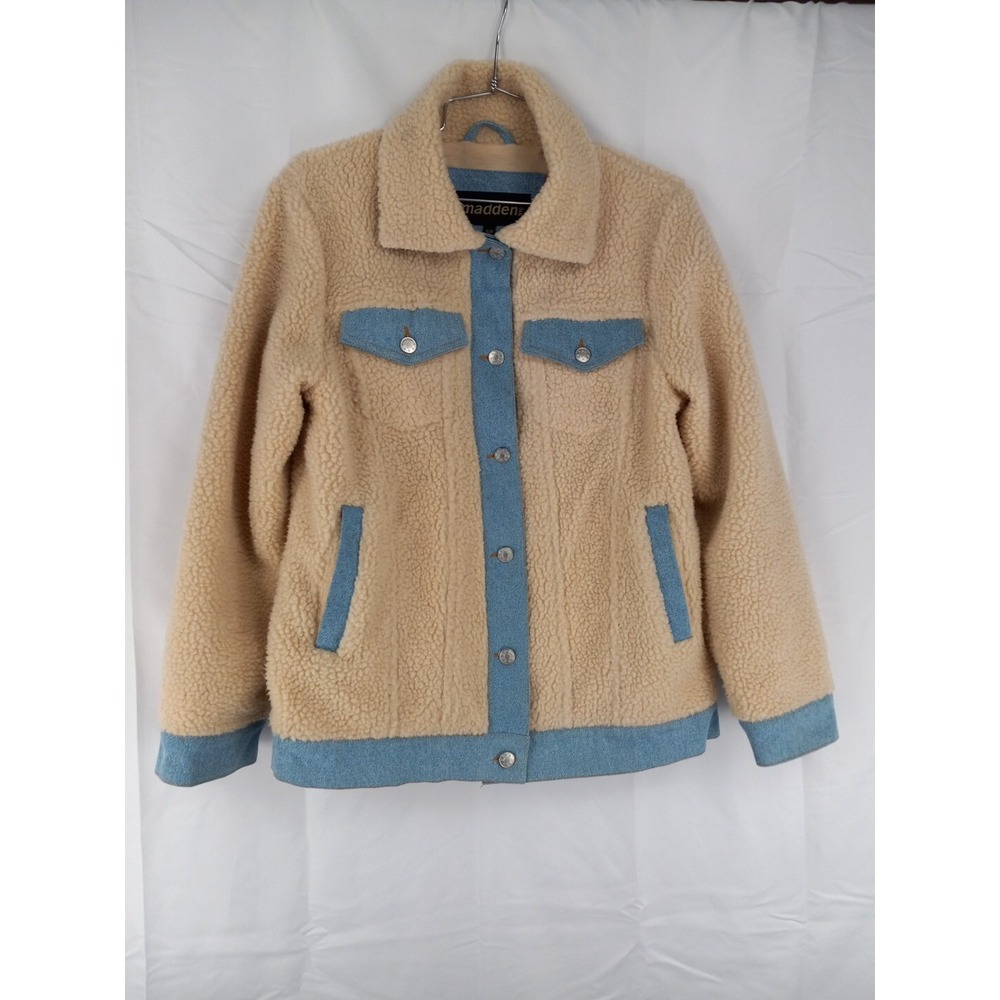 Madden NYC Womens Beige Fuzzy Blue Denim Trim Jacket Size S